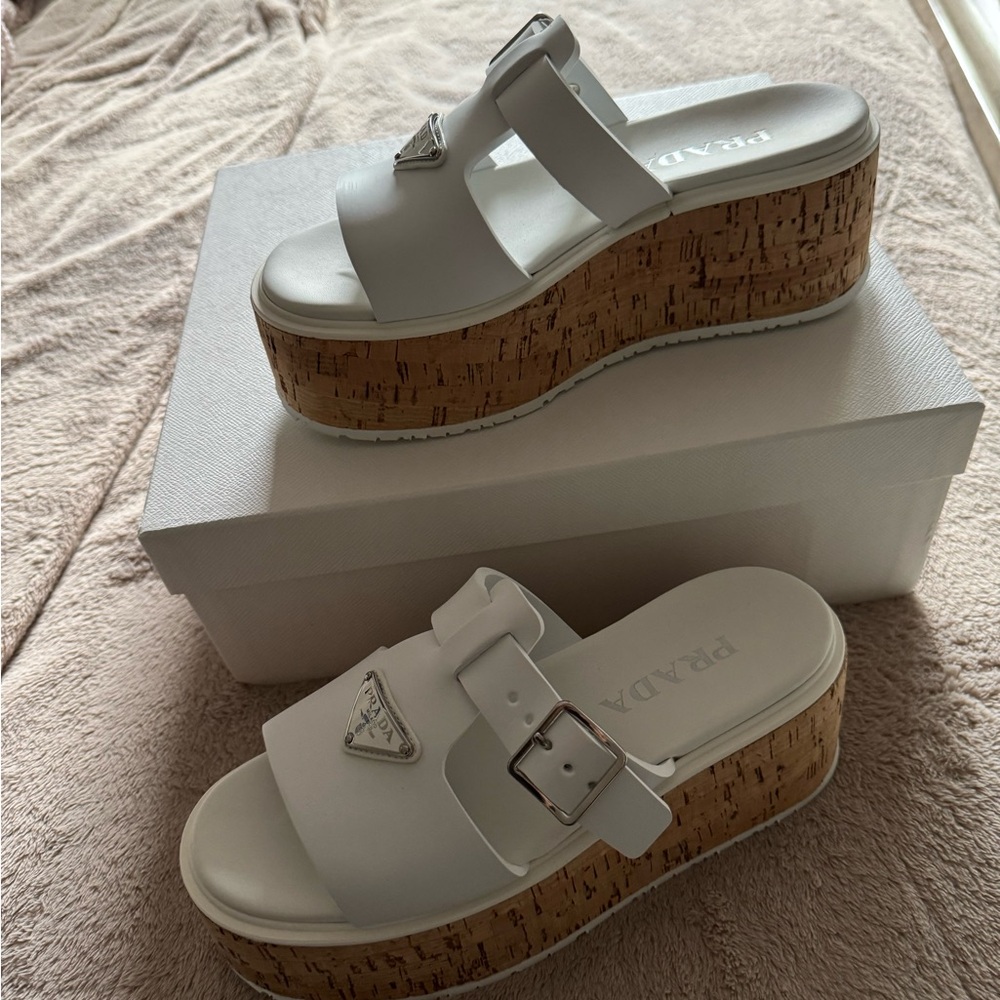Prada White Platform Sandals with Cork Wedge